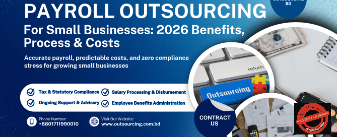A professional marketing banner for Outsourcing BD titled "Payroll Outsourcing for Small Businesses." It lists services like tax compliance and salary processing, featuring a dark blue theme with contact details and business-related imagery.
